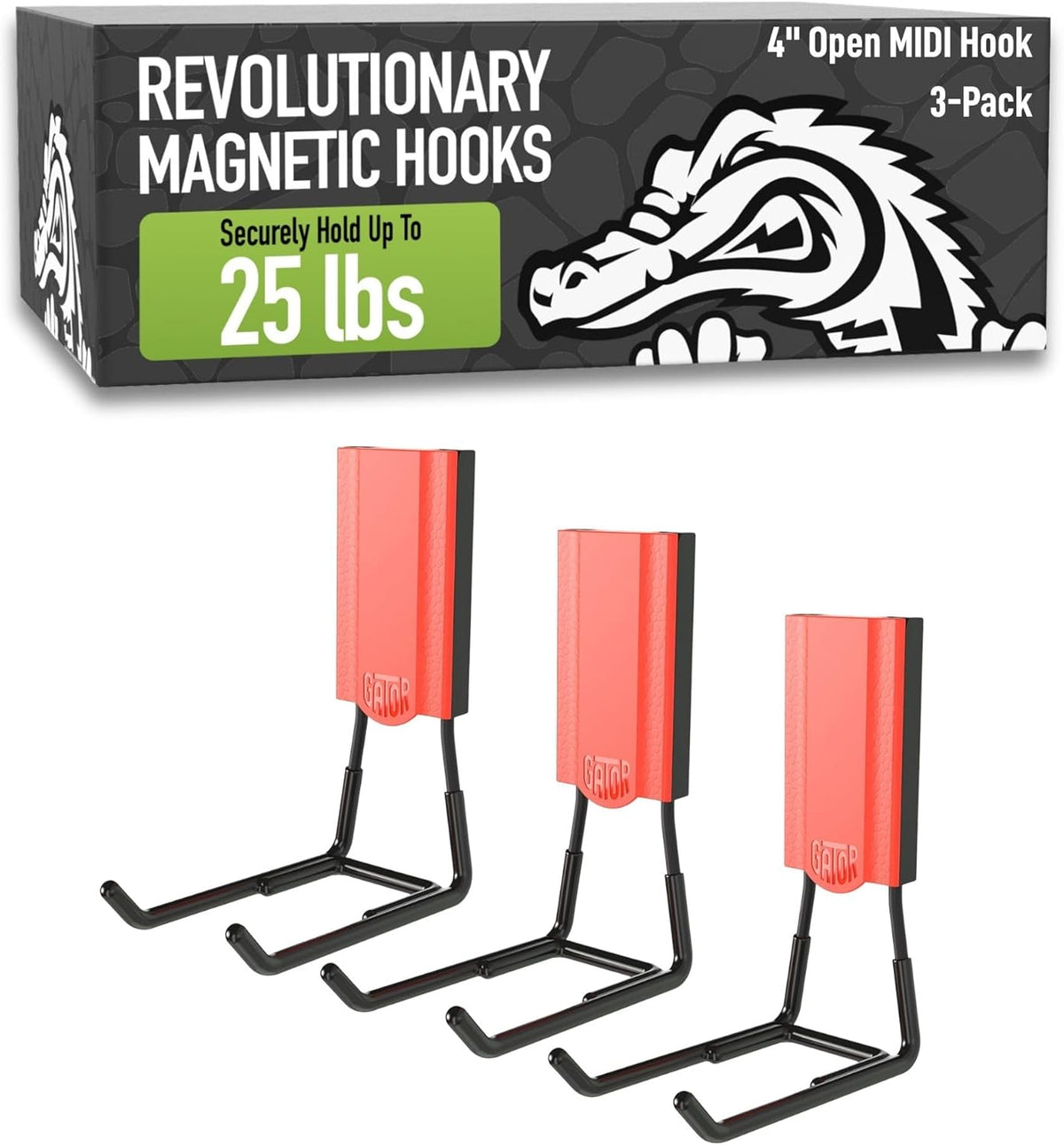 GATOR MAGNETICS MIDI 4 in Open Hooks, 25 lb Heavy Duty Magnetic Hooks for Steel Surfaces, Patented Easy-Release, Non-Slip Grip – Storage & Organization, Garage, Shed, Home, Cleaning Tools - 3 Pack