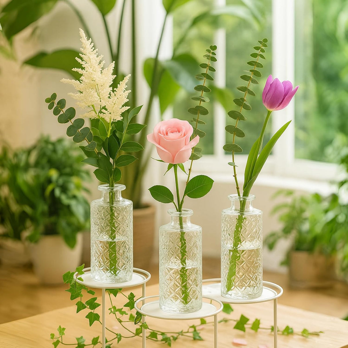 Glass Bud Vase Set of 3 Pcs, Small Clear Bud Vases for Flowers, Vintage Vases for Centerpiece Table Wedding Decorations Home Decor Glass Bottles for Birthday Party Anniversary