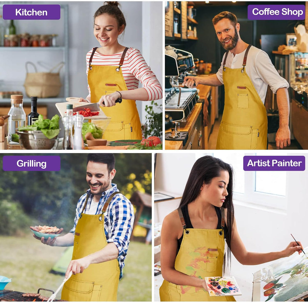 Genixart Chef Apron for Men Women with Pockets, Canvas Aprons for Kitchen Cooking, Artist Painting, Work Apron for Server (Yellow, 6 Pack)