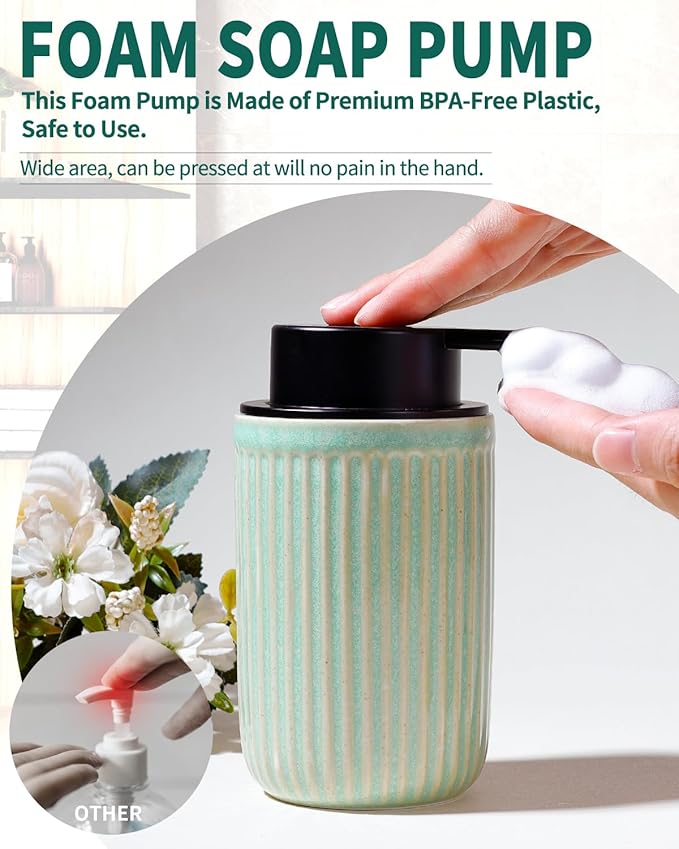 BosilunLife Foam Hand Soap Dispenser - Ceramic Foaming Soap Dispenser for Bathroom 12oz Refillable Liquid Lotion Soap Dispenser with Rust-Proof Foaming Pump for Countertop (Light Green)