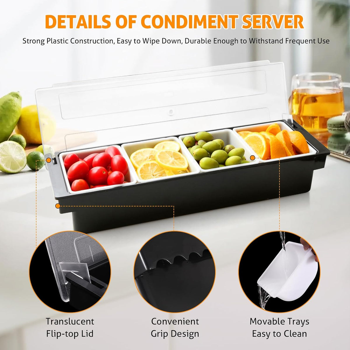 WICHEMI Fruit, Veggie & Condiment Caddy with Lid Dispenser Tray Garnish Station for Bartending & Serving Taco, Ice Cream, Salad Bar - Topping Organizer for Restaurant Supplies (4 Compartment, 2 Pack)