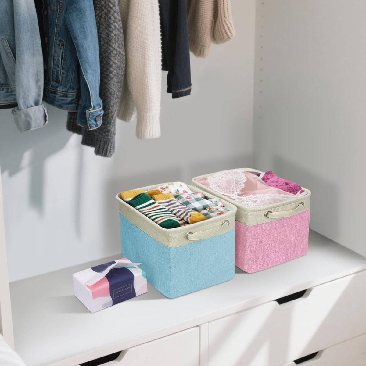 BALEINE 2 Pack Fabric Storage Bins for Shelves, Linen Storage Baskets for Organizing, Decorative Closet Bins for Clothes, Home (Lavender, 12"x8"x8")