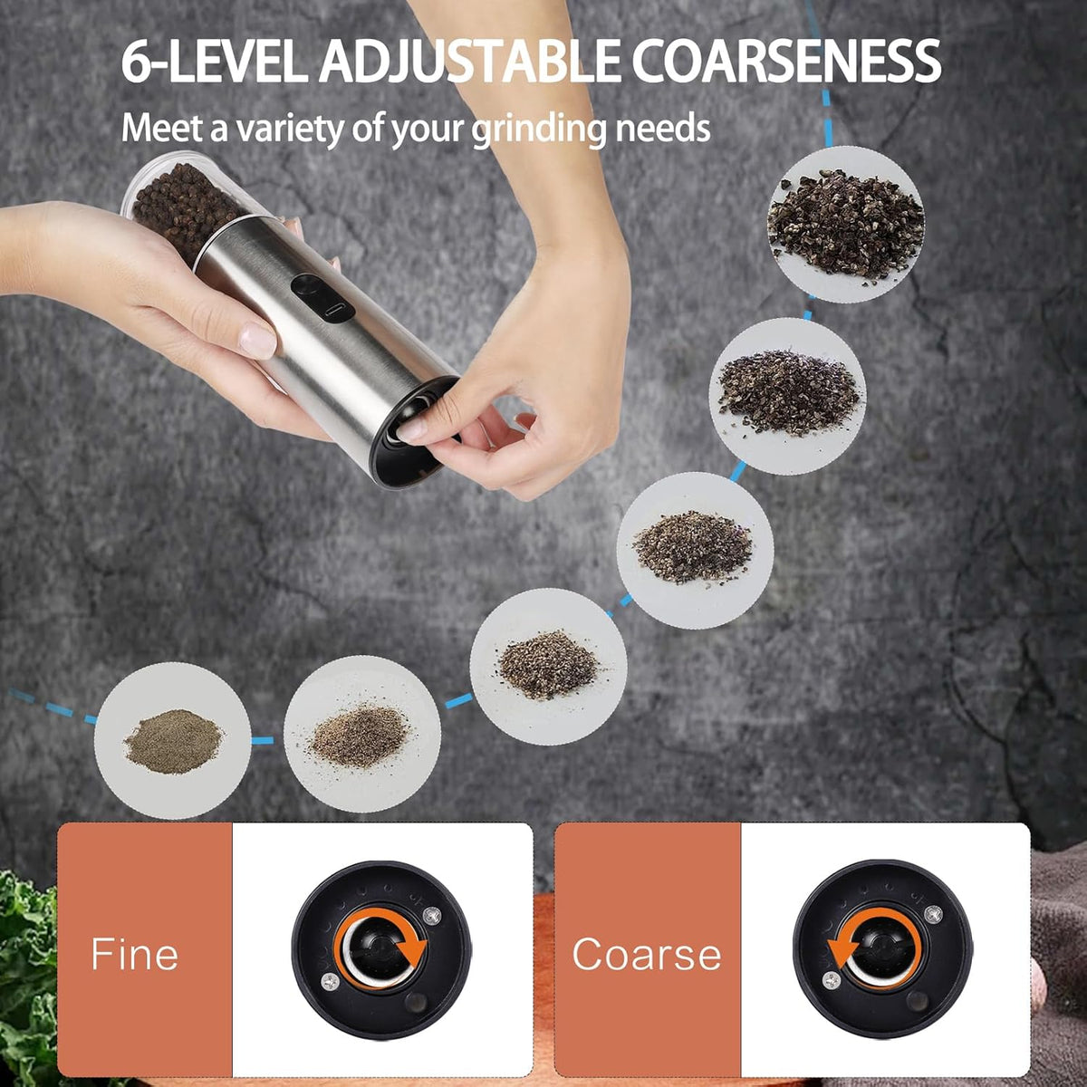 Electric Salt and Pepper Grinder Set, Rechargeable Salt and Pepper Shakers Refillable, Automatic Pepper Mill with Adjustable Coarseness, One Hand Operation with LED light, Stainless Steel