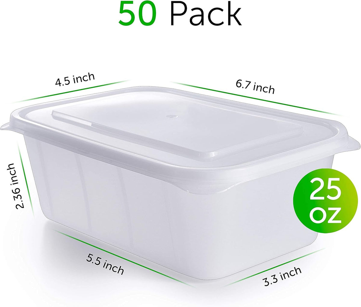 PrepNaturals 50 Pack Meal Prep Containers - 50 Pack of 25 Oz 100% BPA-free Plastic Food Storage Containers with Lids - Reusable Plastic Containers with Lids - Dishwasher Safe Lunch Containers