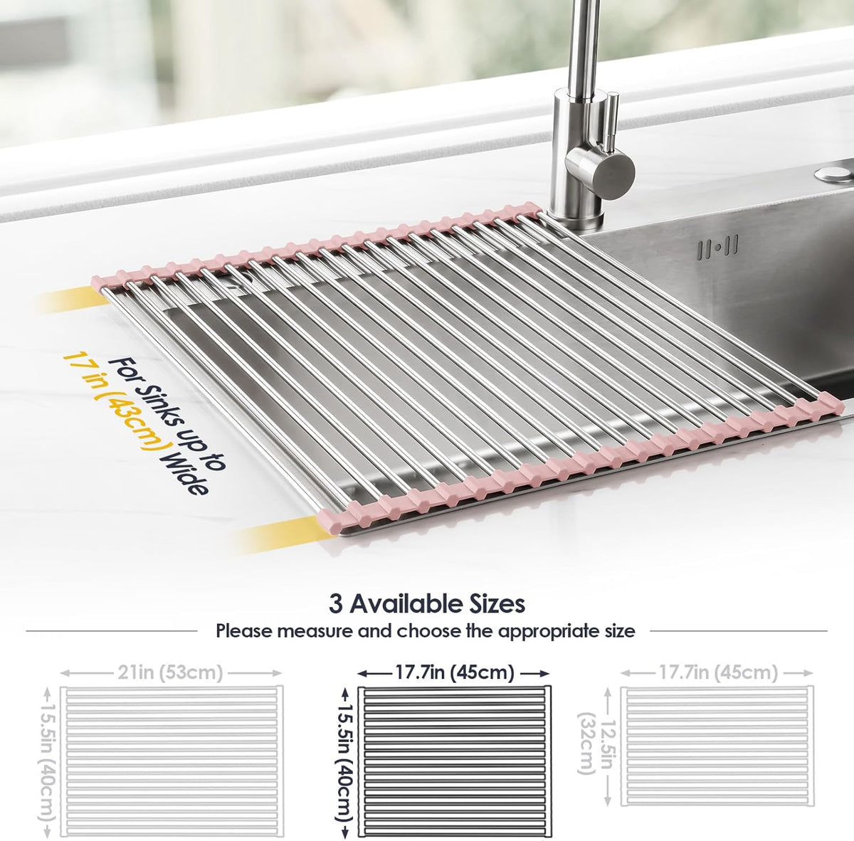 Tomorotec 17.7" x 15.5" Roll Up Dish Drying Rack Over Sink Drying Rack Sink Cover Kitchen Sink Accessories Gadget Multipurpose Organizer Foldable Stainless Steel Drainer