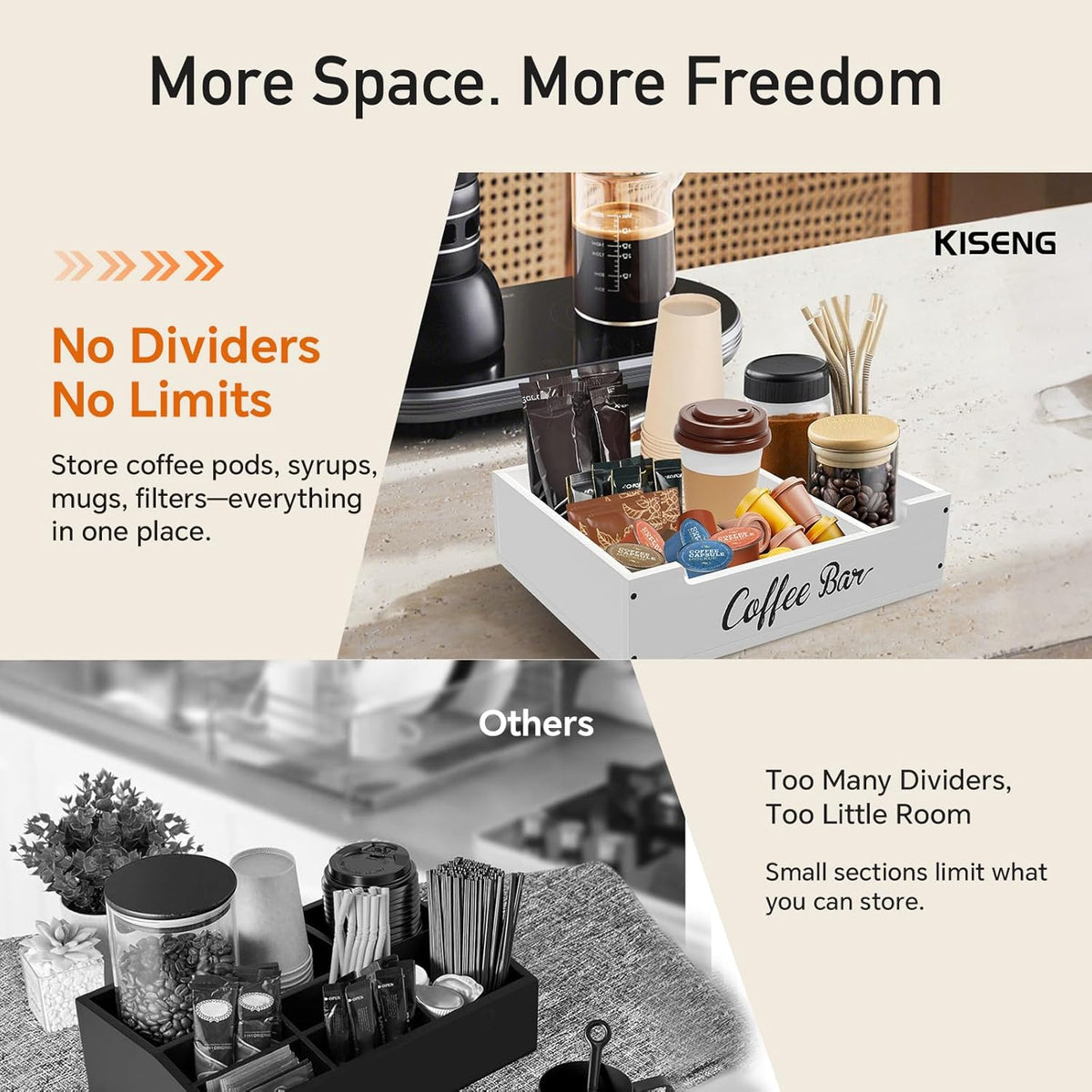 Coffee Pod Bar Station Wooden 14" X 10" X 4" Organizer Box for Countertop, Counter Top Tea Espresso Cup Wood Storage Box, White