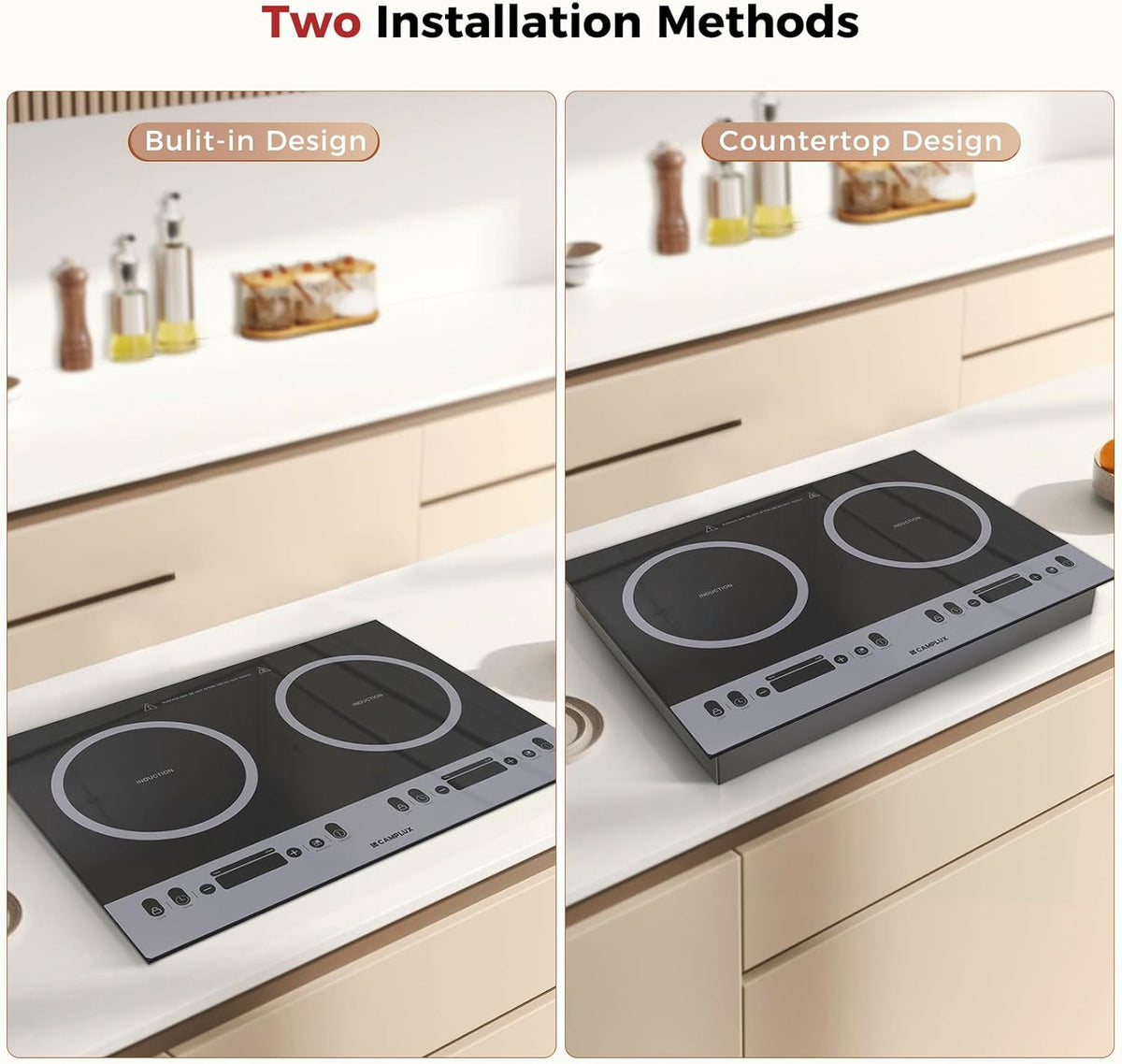 CAMPLUX RV Induction Cooktop 2 Burners 1800W, Electric Cooktop 120V Plug in, Portable Induction Stove with Sensor Touch, Timer, Safety Lock, Countertop/Built-in for RV, Mini Kitchen or Apartments