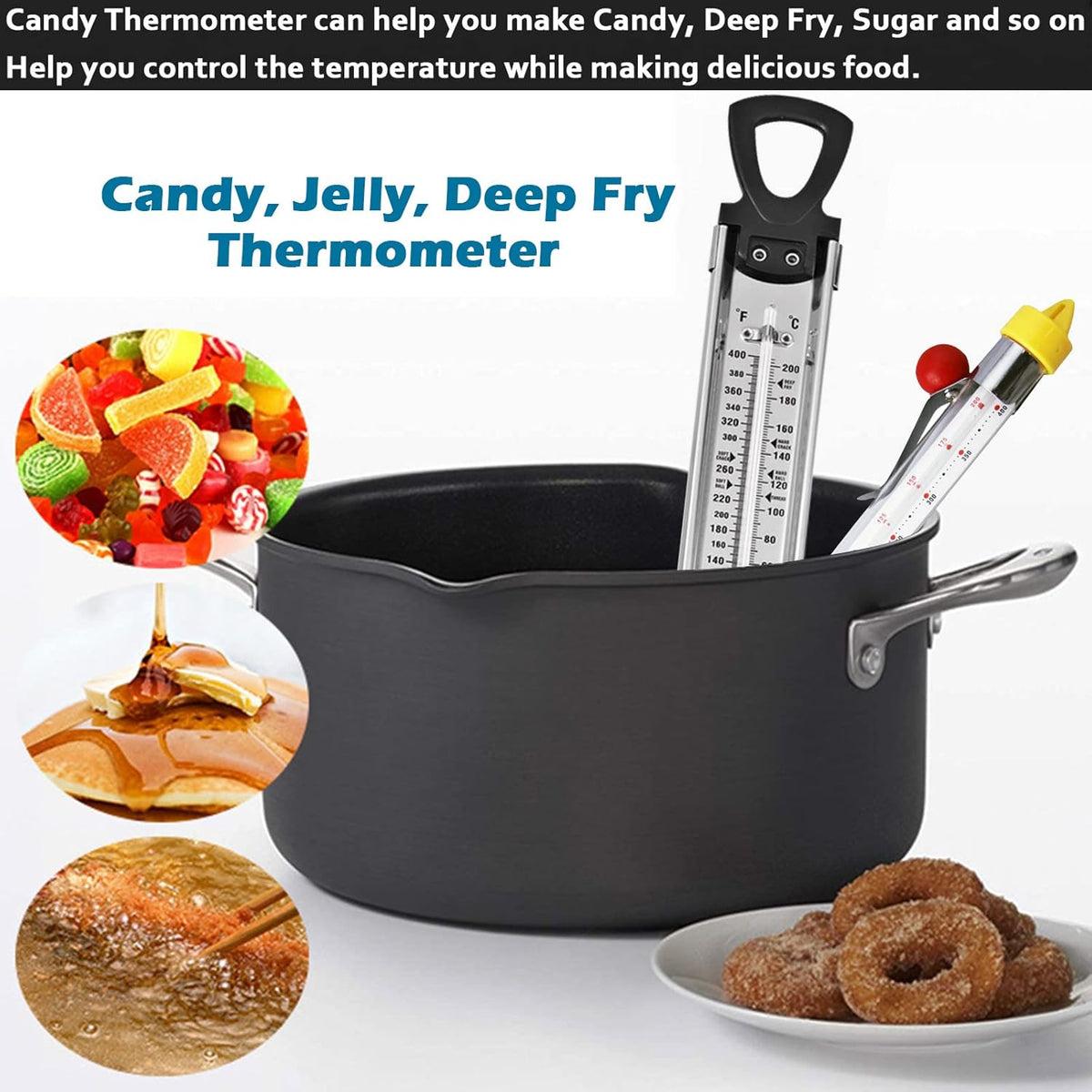 Candy Thermometer with Pot Clip, 2 Pack Deep Fry Oil Kitchen Food Cooking Thermometer for Jam, Syrup, Jelly, and Deep Fry, Stainless Steel Instant Read Candy Thermometer for Candy Making