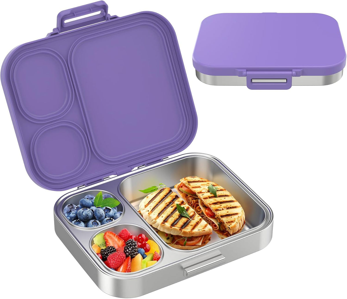 Stainless Steel Bento Lunch Box for Kids | 3-Compartment Lunch Box Container Kids | 100% Leakproof, Dishwasher-Safe, Eco-Friendly, Perfect Portion Control for Kids&Adult Healthy Meals (Purple)