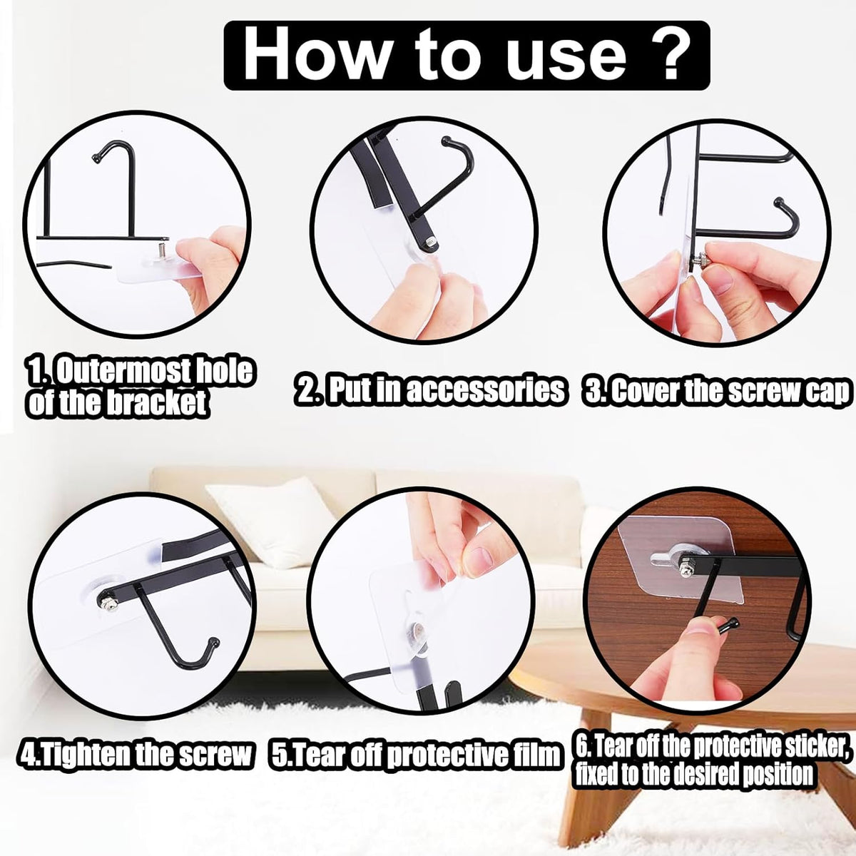 6PCS Mug Hooks Under Cabinet,Mug Holder Under Shelf,Coffee Cups Holder Hanger with 6 Hooks for Kitchen Utensils,Fit for 0.95 inch Thickness or Less,Drilling Free (White)