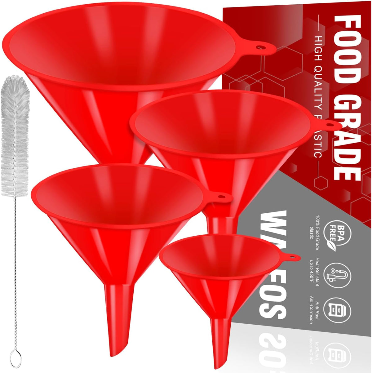 walfos 4pcs Kitchen Plastic Funnel (NO BPA),Automotive Funnel for Liquid Transfer,funnels for Filling Bottles, containers or Kitchen funnels for Laboratory use. red（4.7in&3.7in&2.7in&2in