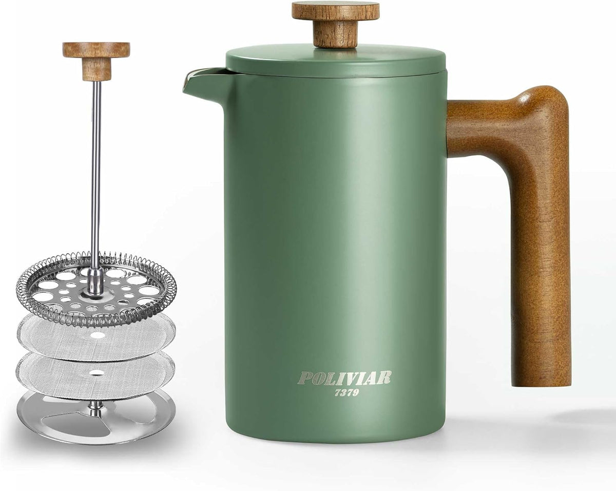 POLIVIAR French Press Coffee Maker, 21 oz Coffee Press with Real Wood Handle, Double Wall Insulation & Dual-Filter Screen, Food Grade Stainless Steel for Good Coffe and Tea, JX2024-SFPN