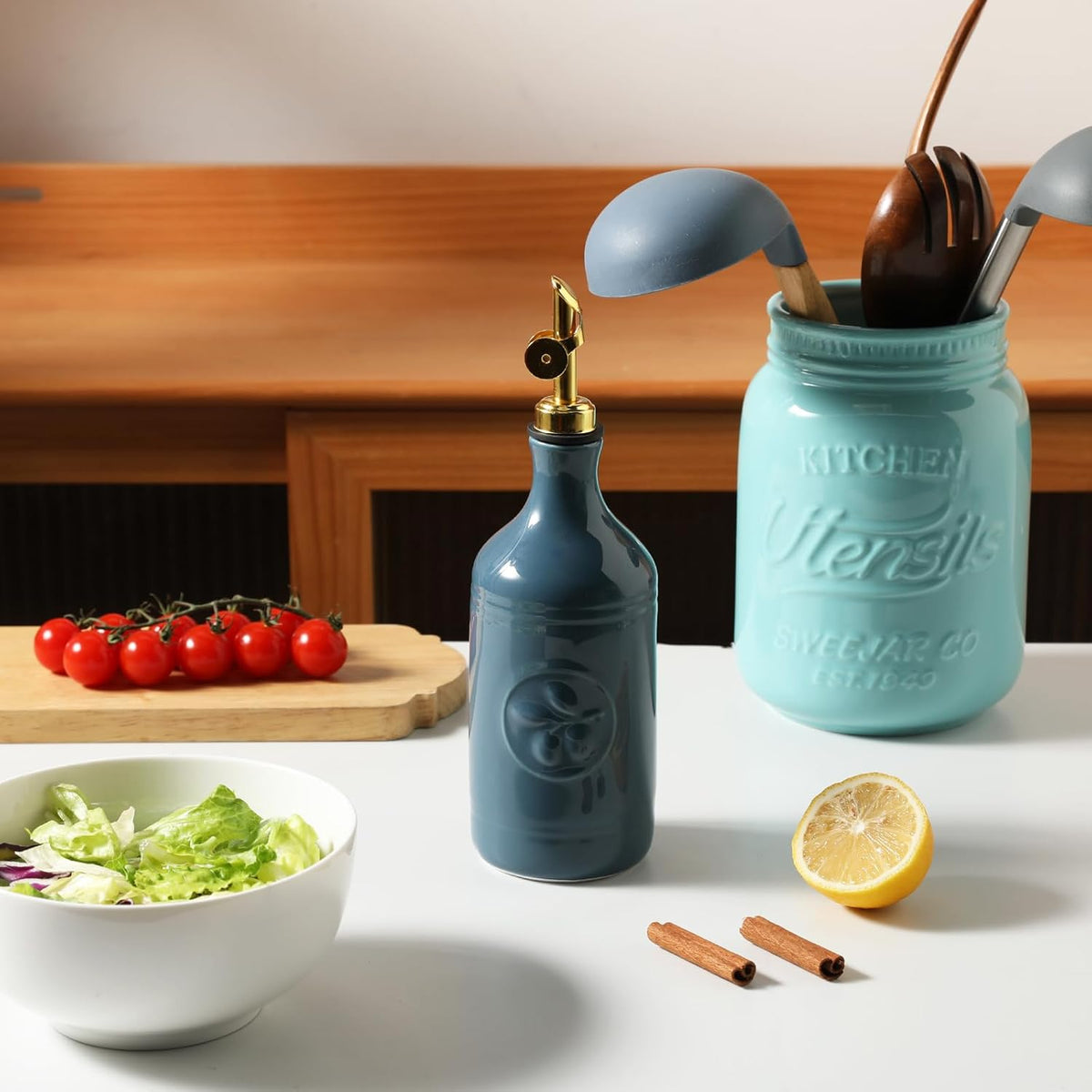 Sweejar 16 Oz Ceramic Olive Oil Dispenser Bottle, Oil Dispenser for Kitchen with Gravity Spout, Relief Opaque Oil Container for Evoo, Avocado Oil, Vinegar, Soy Sauce, 1 Pack(Fog Blue, Gold Spout)