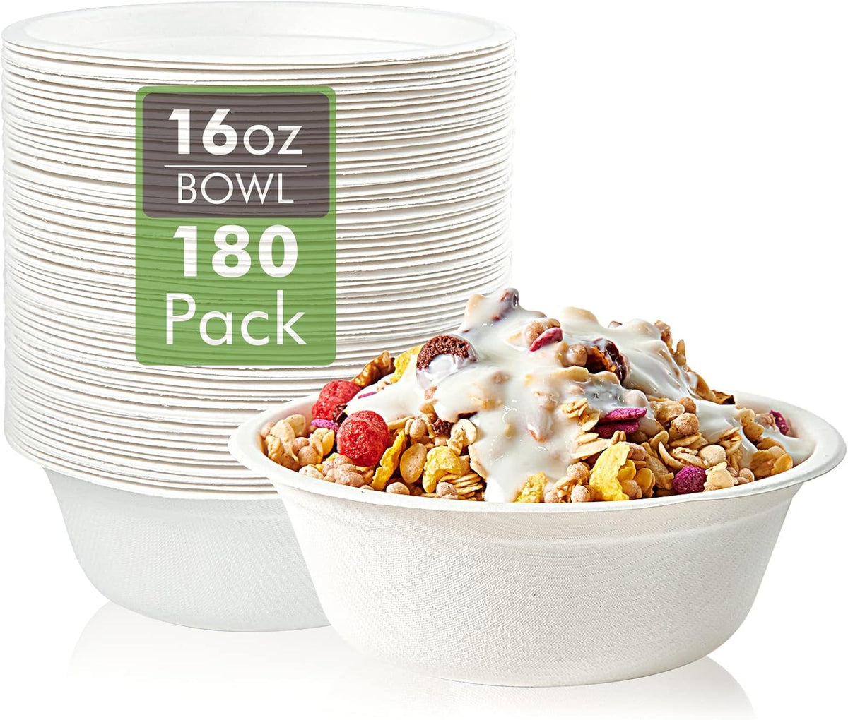 Vplus 180 Pack 16 OZ Paper Bowls, Disposable Compostable Bulk, Eco-friendly Bagasse, Heavy-duty Bowls Perfect for Milk Cereals, Snacks, Salads