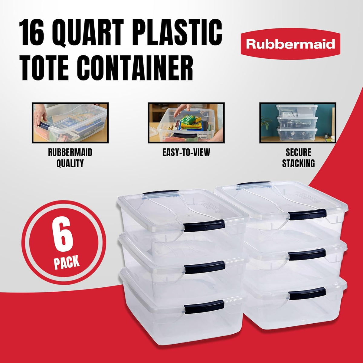 Rubbermaid Cleverstore 17 Qt Clear Storage Bins with Lids, 6-Pack, Stackable, BPA-Free, Made in USA