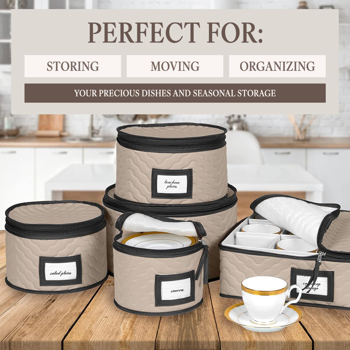 China Storage Containers 5-Piece Set Moving Boxes for Dinnerware, Glasses, Plates, Mugs and Saucers Sturdy Quilted Microfiber Dish Organizer with Dividers for Seasonal Storage - Brown