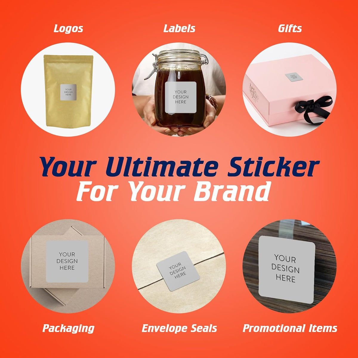 100 Custom Vinyl Stickers - Upload Your own Image, Text, Design, Logo - Personalized Logo Labels for Handmade, Packaging, Bottle, Jars, Candle, Brand Stickers (Gray, 1.5x1.5 Square)