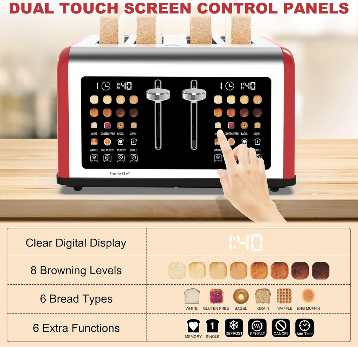 4 Slice Toaster Touch Screen, Stainless Steel Toasters Digital Timer, Dual Control Panel Toasters, 8 Shade Settings 6 Bread Types for Bagel, Cancel, Defrost 1650W Red