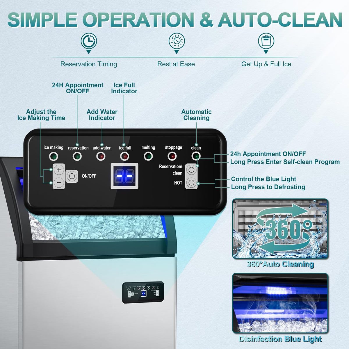 Commercial Ice Maker Machine 260Lbs/24H, 72pcs Ice Cubes Under Counter Ice Machine with Water Line and Filter, Freestanding Ice Maker Machine with 55Lbs Storage ice Bin for Home/Shop/Office/Bar