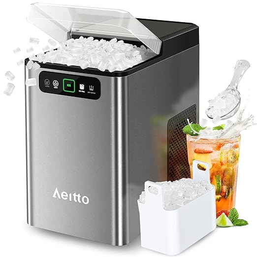 Aeitto Nugget Ice Maker 40Lbs/24H, Countertop Soft Chewable Ice Pebble Ice Machine, One-Click Operation, Auto Self-Cleaning Ice Makers with Scoop&Basket for Home, Office, Kitchen, Party (Grey)