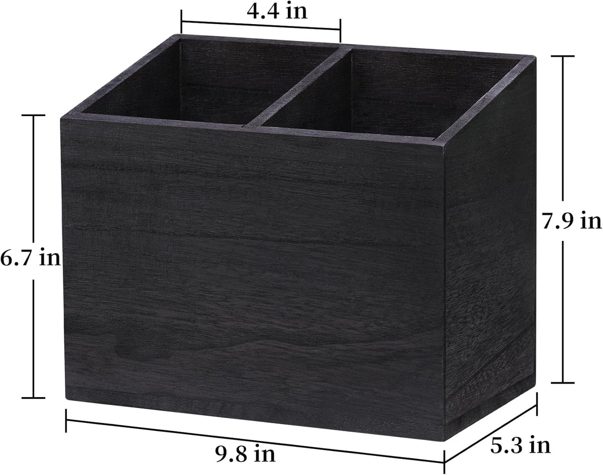 Wooden Kitchen Utensil Caddy With 2 Compartments, Rustic Utensil Holder for Kitchen Countertop, Wood Utensil Crock Organizer Box for Farmhouse Kitchen Decor (black)