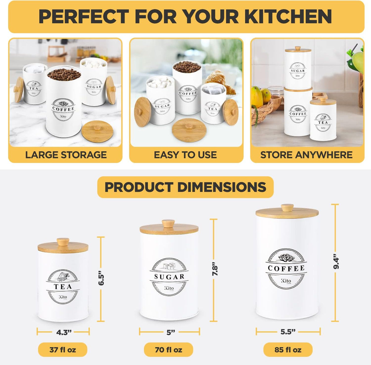 Canisters Sets for Kitchen Counter Storage and Organization with Wooden Bamboo Lids, Food Pantry Containers, Stackable Steel Storage Bins, Airtight Sugar Tea Coffee Canisters - White