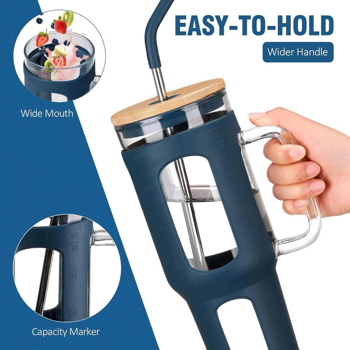 Glass Tumbler with Lid and Straw, 46 oz Iced Coffee Cup with Handle, Large Water Bottles with Silicone Sleeve, Glass Cup with Straws - Pearl Straw & Drinking Straw BPA Free-Blue