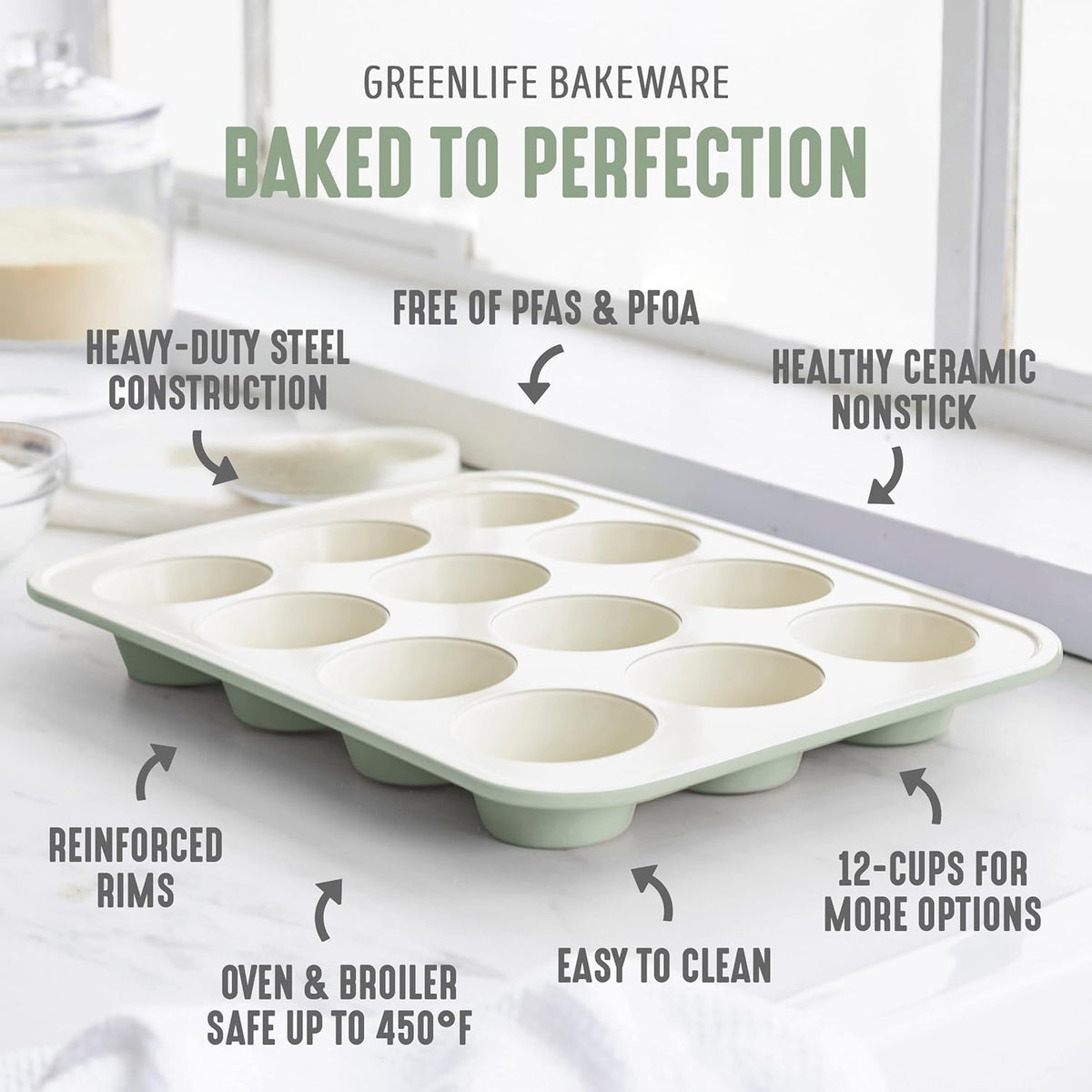 GreenLife 12-Cup Muffin Pan, Healthy Ceramic Nonstick Bakeware, PFOA & PFAS-Free Cupcake Tray, Durable Baking Pan, Versatile Kitchen Essential, Easy Clean Muffin Mold, Nonstick Baking Sheet, Sage