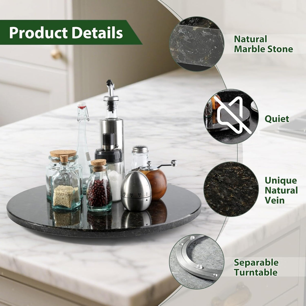 Marble Lazy Susan, 16 in Lazy Susan Turntable Organizer for Cabinet Pantry Kitchen Countertop Fridge Bathroom Makeup Vanity Countertop - Black