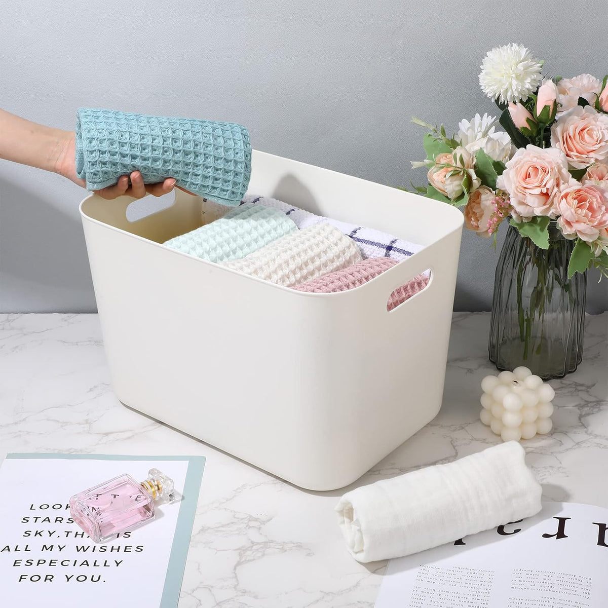 Zopeal Plastic Storage Bins 10 Pcs White Pantry Organizer Bins Small Baskets Storage Containers for Home Kitchen (14 x 10.5 x 9.5 Inch)