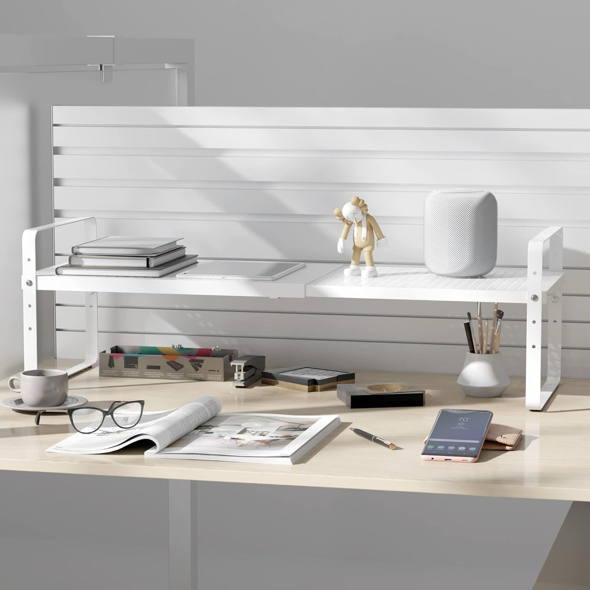 Expandable Cabinet Shelf Organizer Adjustable Metal Spice Rack Stackable Freestanding Counter Storage Shelves for Kitchen Cabinet Under Sink Office Desk (White - 2Pack - L16.5-27'' * W8'' * H9.6'')