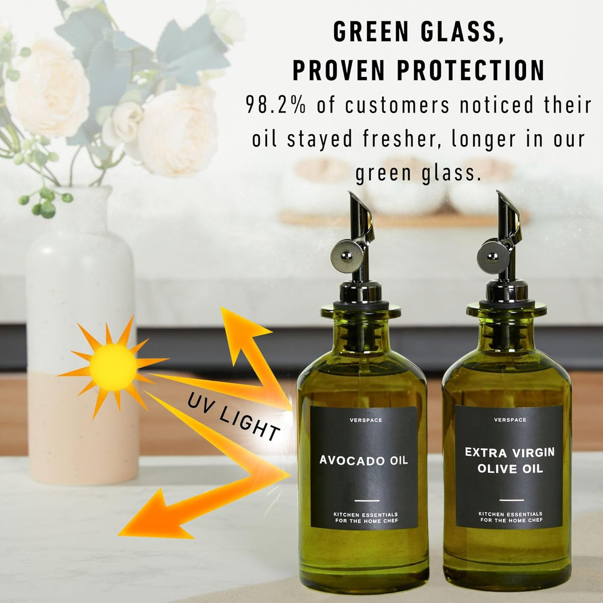 Green Glass Olive Oil Dispenser Bottle For Kitchen By Verpsace,Avocado Oil Dispenser Set, Modern Decor, Gold Kitchen Accessories for Home, Airbnb, Cafe (Black, Set of 2)