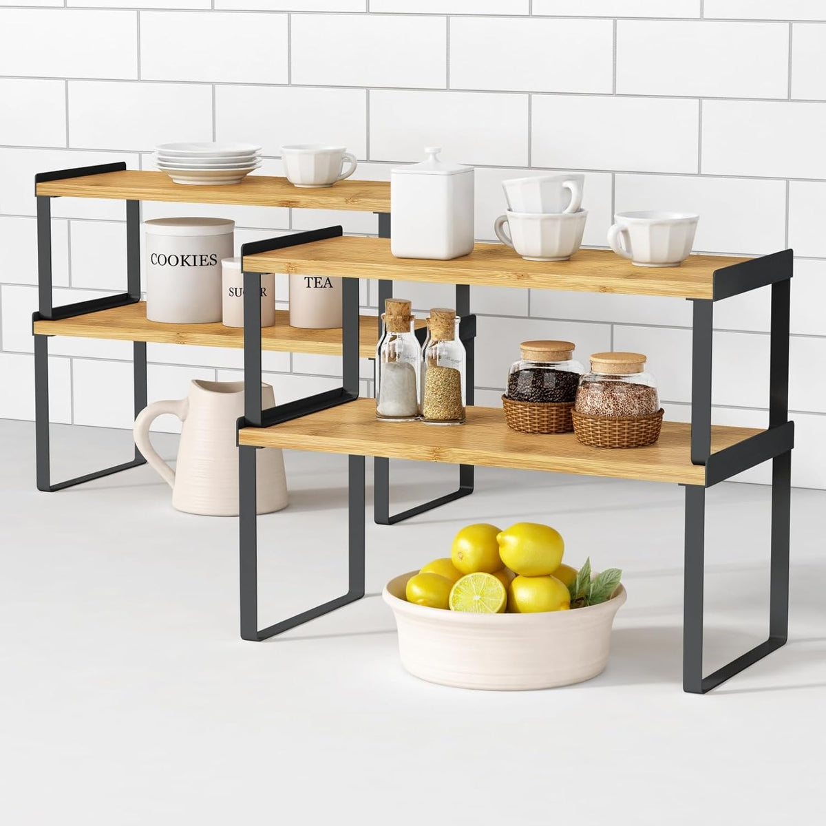 Kitchen Cabinet Organizer Shelf Set of 4, Stackable Pantry Cupboard Countertop Storage and Organizer, Desk Shelf Riser, Spice Plate Cup Expandable Storage Rack,(Black Bamboo) Large