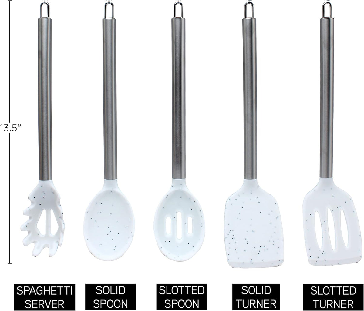 COOK WITH COLOR Silicone Cooking Utensils, Kitchen Utensil Set, Easy to Clean Silicone Kitchen Utensils, Cooking Utensils for Nonstick Cookware, Kitchen Gadgets Set, 5 Pieces, Speckled White