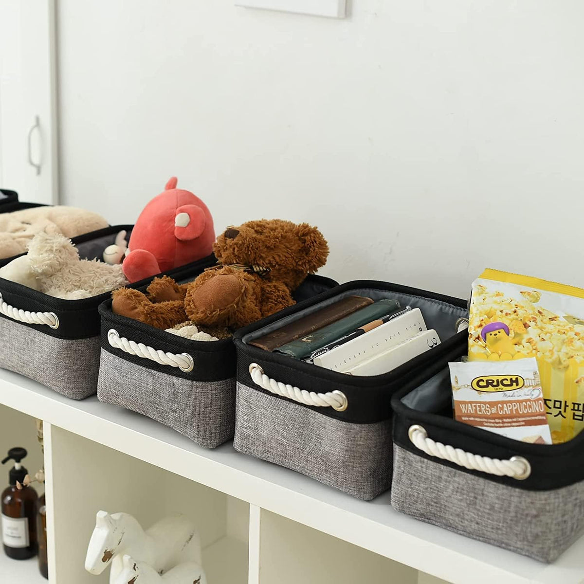 TheWarmHome Storage Basket for Organizing - 12x8x5.2 inch Small 6 Pack Collapsible Storage Bin for Shelves with Rope, Fabric Storage Cubes for Cloth Gift Toy Decorative Organizer (Black & Grey)