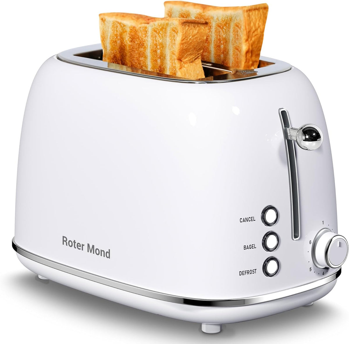 2 Slice Toaster Retro Stainless Steel with Bagel, Cancel, and Defrost Functions, 6 Bread Shade Settings, Extra Wide Slots and Removable Crumb Tray, White
