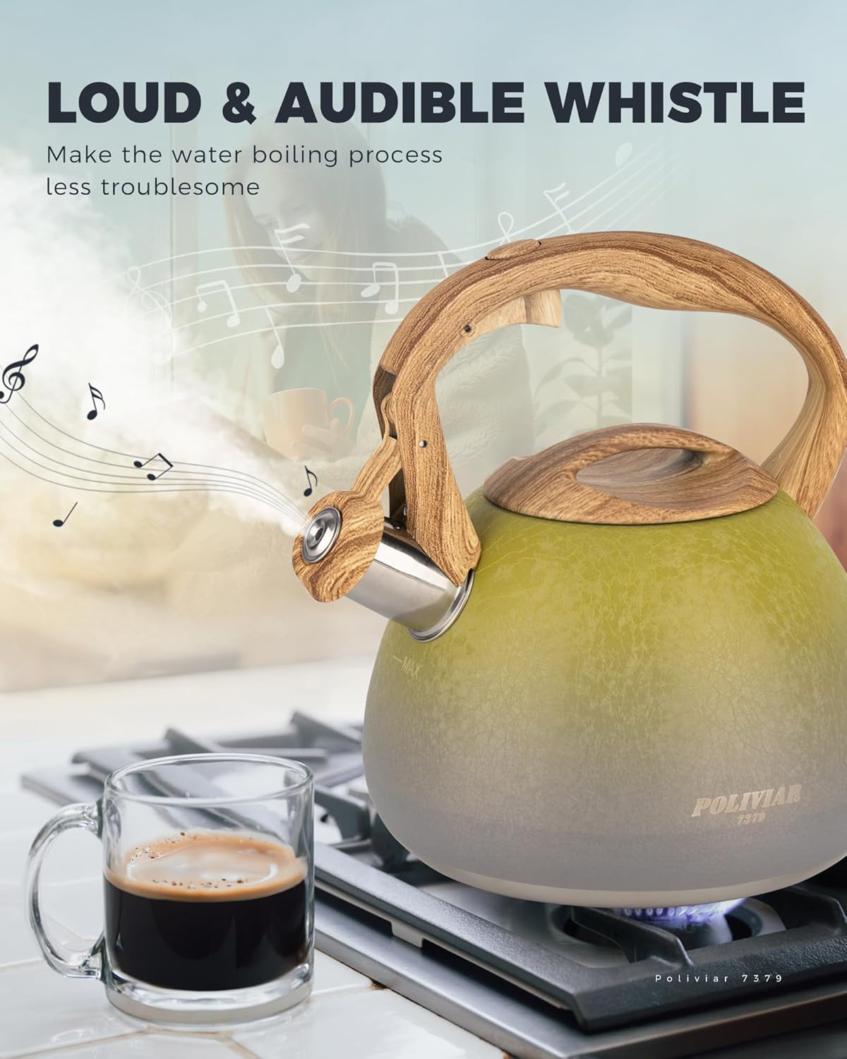 POLIVIAR Tea Kettle, 2.7 Quart Stovetop Tea Kettle, Audible Whistling Teapot with Crackle Finish, Food Grade Stainless Steel for Anti-Rust, Anti Hot Handle, Suitable for All Heat Sources (JX2023-LYG)