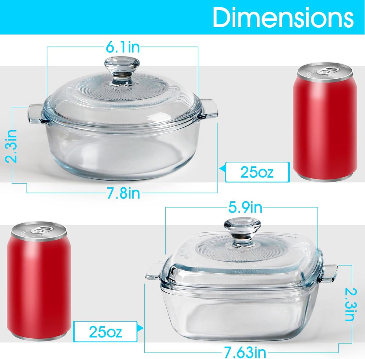 NUTRIUPS Mini Glass Casserole Dish Set with Lid Oven Safe Casserole Dish Set 2 Pack (5.9in Square+6in Round), 25oz Glass Microwave Bowl With Lid Microwavable Cookware
