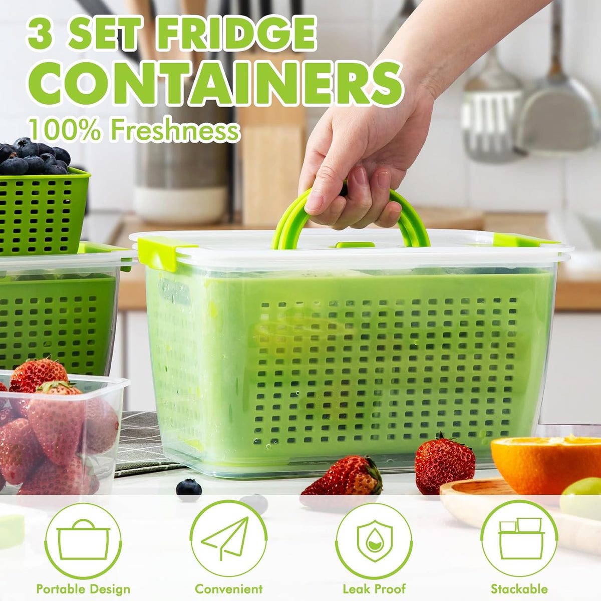 LUXEAR Produce containers for fridge,3 Set Fruit Containers with Removable Colander, BPA-Free Produce Saver Containers with Lids Dishwasher&Microwave Safe Keep Fruits, Vegetables, Berry, Fresh Longer