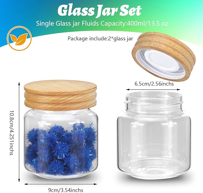Small Glass Jars with Airtight Lid 13oz Seasoning Containers Glass Spice Jar Food Pantry Storage Containers for Kitchen Sugar Tea Coffee Bean Nuts Cookies Herbs Salt (400ml/13.5oz-2pack)