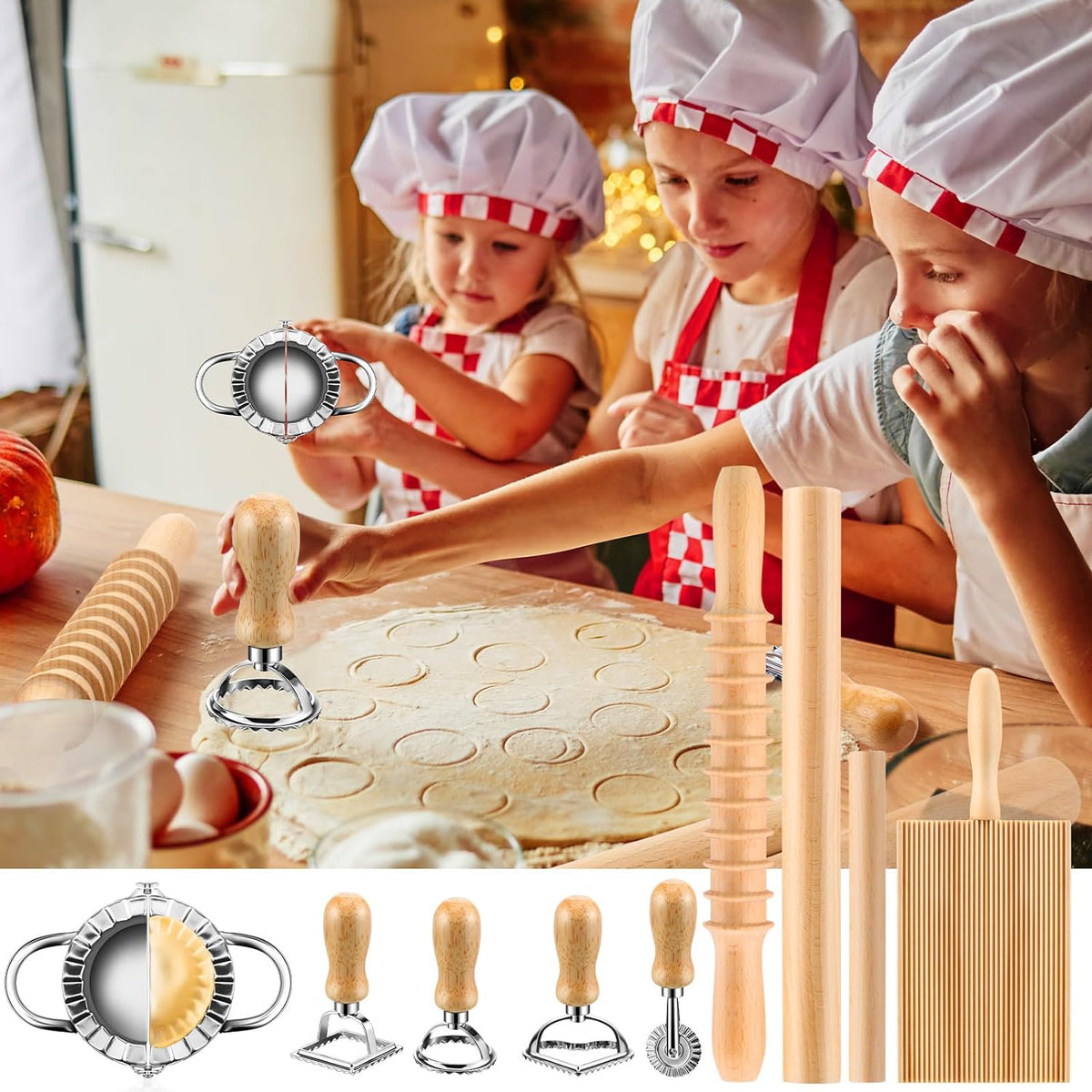 9 Pcs Gnocchi Pasta Making Tools kit - Gnocchi Board, Pasta Cutter, Ravioli Stamp, Wood Threaded Pasta Roller Pin Set, Noodle and Dumplings Maker, Homemade Kitchen Gift for Pasta Lovers