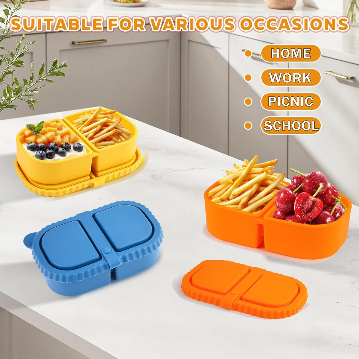 2/3/4Pack 8 oz Reusable Silicone Snack Containers with Lids, Mini Containers 2 Compartments Snackle Box for Kids & Adults, Portable Silicone Food Storage Box for Picnic, School, Office (8oz-2C-3Pcs)