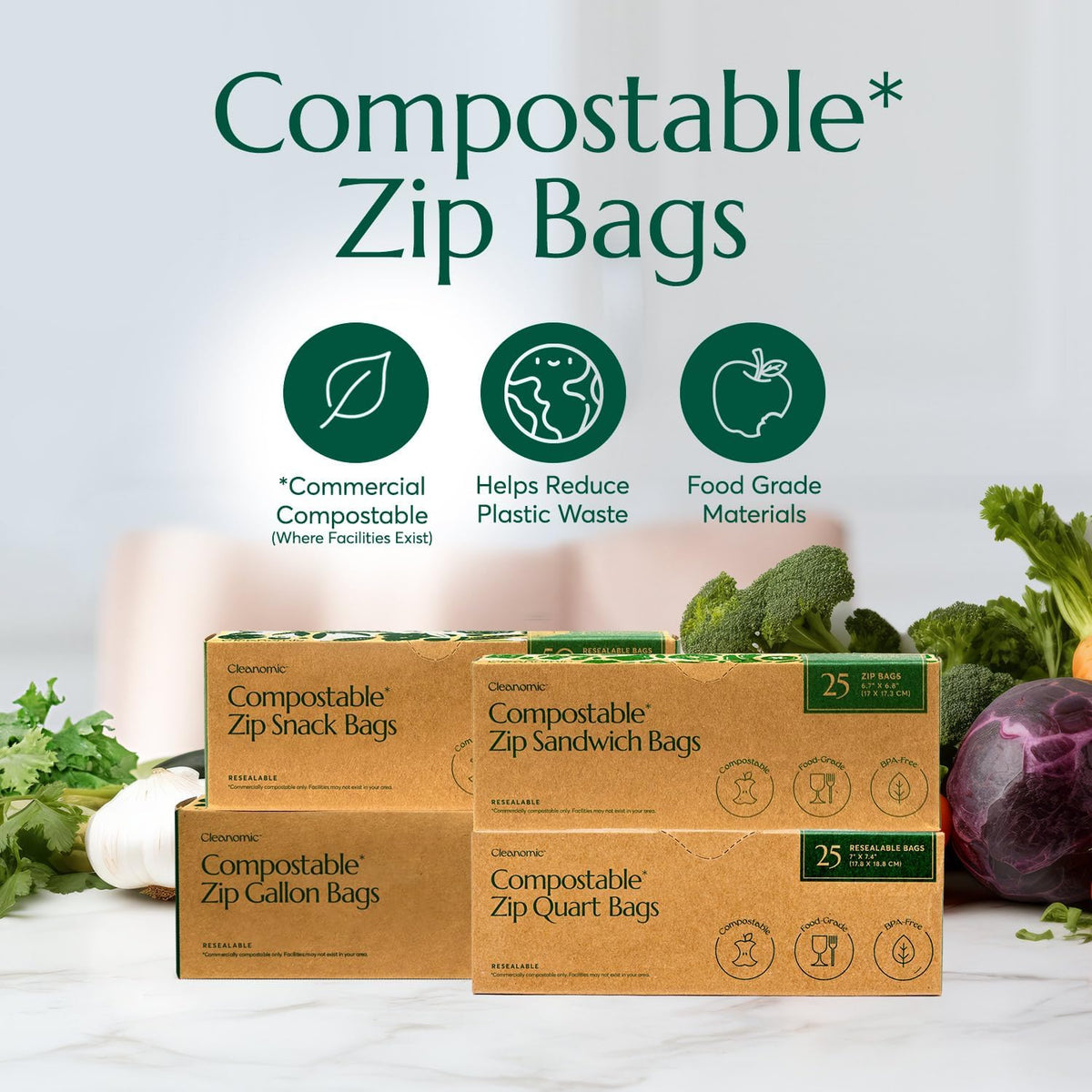 CLEANOMIC Compostable* Food Storage Bag Bundle - Gallon, Quart, Sandwich and Snack Sizes