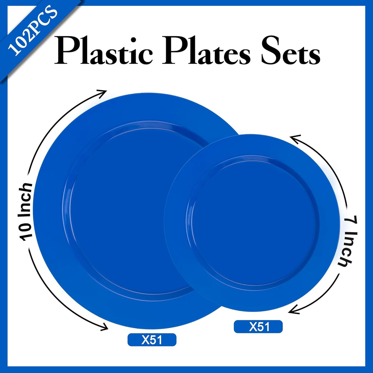 I00000 102 Pcs Blue Plastic Plates, Disposable Party Plates Include 51 Blue Dinner Plate 10’’ and 51 Plastic Dessert Plate 7’’ Perfect for Birthday, Party & Wedding