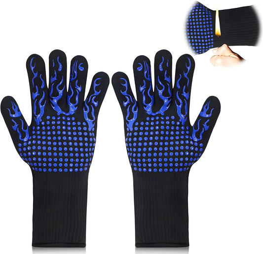 1 Pair Grill Oven Mitts, 1472°F Heat Resistant BBQ Gloves for Cooking, Non-Slip Silicone Oven Gloves, Barbecue Grill Gloves BBQ Mitts (Blue-Flame Pattern)