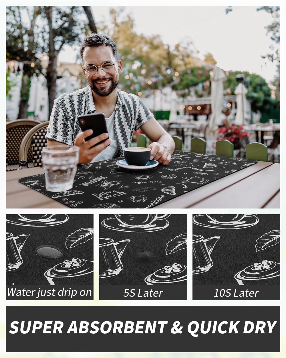 AMOAMI Coffee Mat Hide Stain Rubber Backed Absorbent Dish Drying Mat for Kitchen Counter - Fits Under Coffee Maker & Machine (17x31.5, Ink)