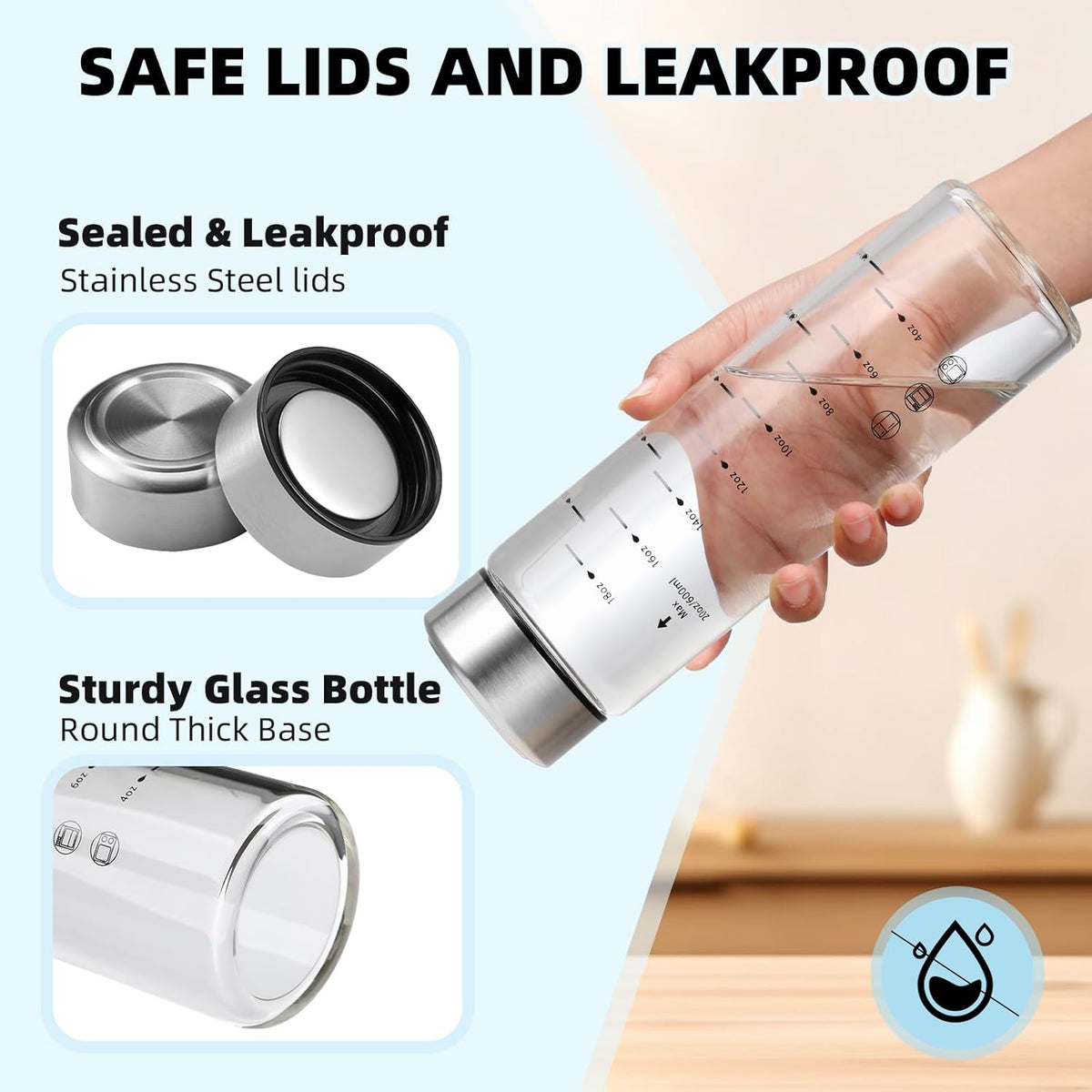 Glass Juice Bottles 4 Pack 20 oz - Wide Mouth Glass Water Bottles with Lids - Borosilicate,Stainless Steel Lids for Juicing, Smoothies, Infused Water, Beverage Storage, Leakproof, Reusable,BPA Free