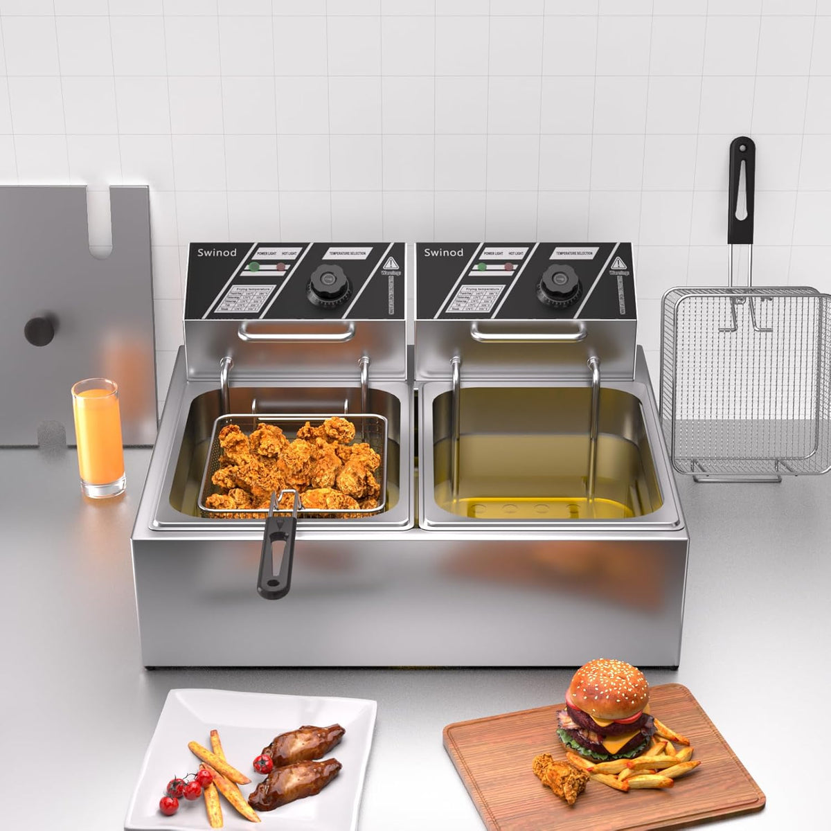 Commercial Deep Fryer with Baskets, 3400W 12.7QT/12L Thickened Stainless Steel Countertop Electric Oil Fryer, Large Capacity with Temperature Control, silver
