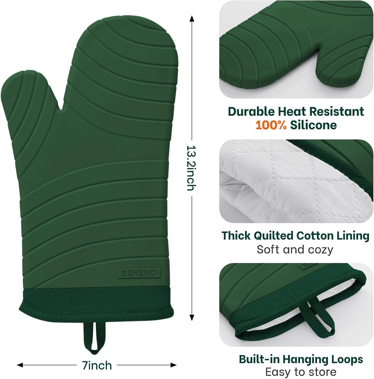 Beneno BPA-Free Silicone Oven Mitts, Heat Resistant Waterproof Oven Mitts with Non-Slip Textured Grip, Comfortable Quilted Lining, Kitchen Pot Holders for Cooking, Baking, Grilling, 7"x13", 2Pcs Green