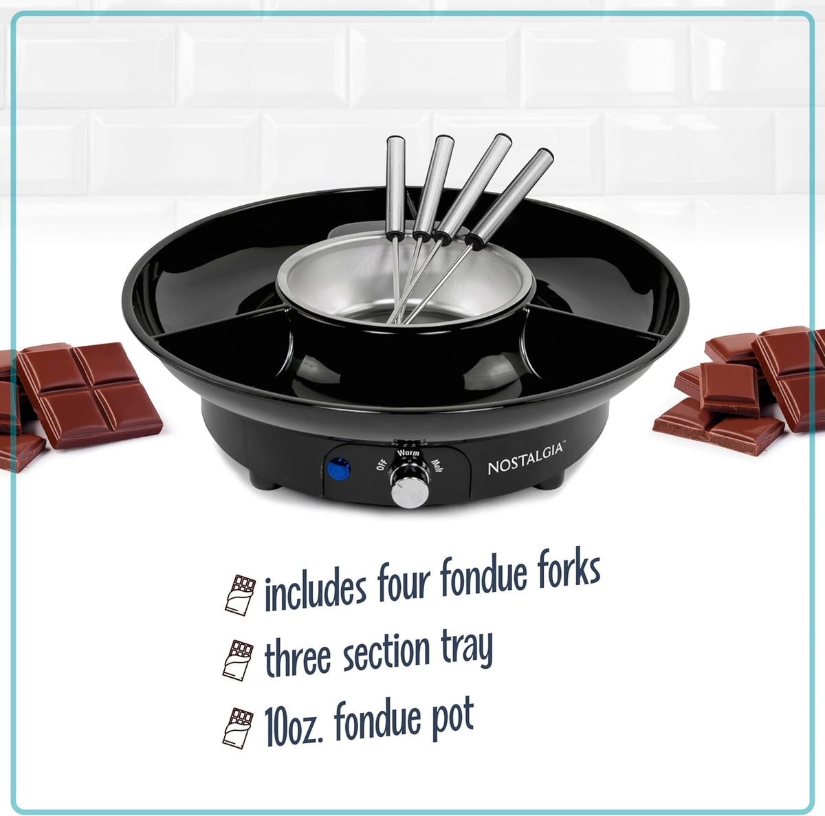 Nostalgia Electric Fondue Party Set – 10 oz Melting Pot, 4 Roasting Forks, & Detachable Serving Tray – Melted Cheese, Chocolate, or Dessert – Perfect for Gifts, Parties, Date Night – Black
